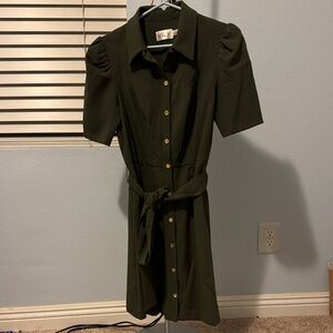 Eliza J Olive Green Midi Dress with Button Front